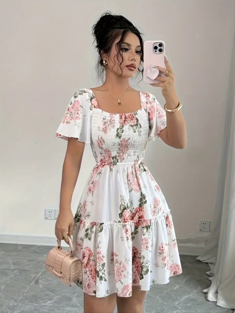 Women's  Tropical Print Off Shoulder Ruffle Trim Ruched Bodycon Dress